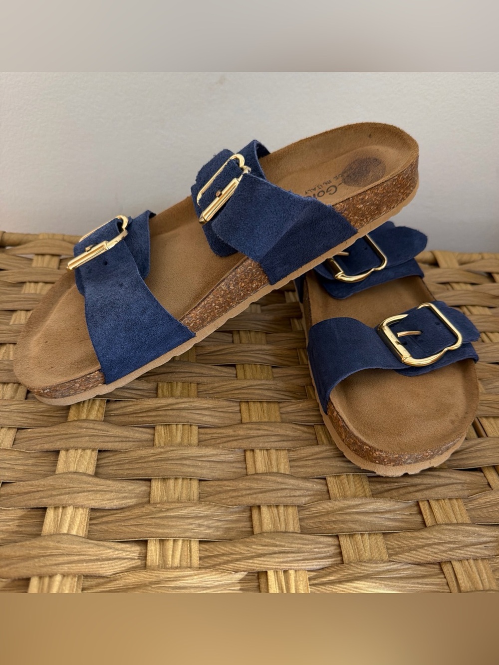 Bio-Gold Italian Women’s Size 38 Blue Double Buckle Strap Leather Sandals Slides